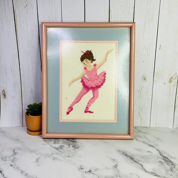 Framed Cross Stitch Pink Ballerina Dancer Tutu Nursery Bedroom 15 x 12 - Picture 1 of 6